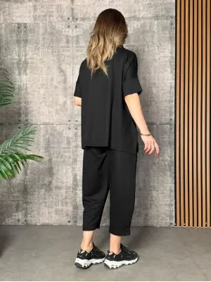 Kadın Kısa Kollu Bisiklet Yaka Viskon Iki Iplik Bluz Ve Pantolon Ikili Takım