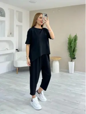 Kadın Kısa Kollu Bisiklet Yaka Viskon Iki Iplik Bluz Ve Pantolon Ikili Takım