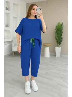 Kadın Kısa Kollu Bisiklet Yaka Viskon Iki Iplik Bluz Ve Pantolon Ikili Takım