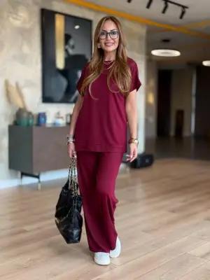 Kadın Kısa Kollu Bisiklet Yaka Viskon Iki Iplik Bluz Ve Pantolon Ikili Takım