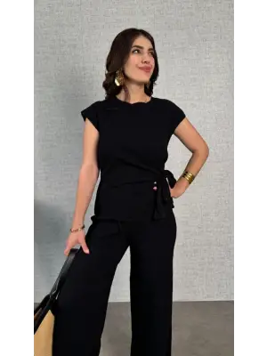 Kadın Kısa Kollu Bisiklet Yaka Yandan Bağlamalı Bürümcük Bluz Ve Pantolon Ikili Takım