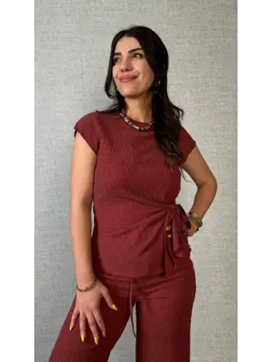 Kadın Kısa Kollu Bisiklet Yaka Yandan Bağlamalı Bürümcük Bluz Ve Pantolon Ikili Takım