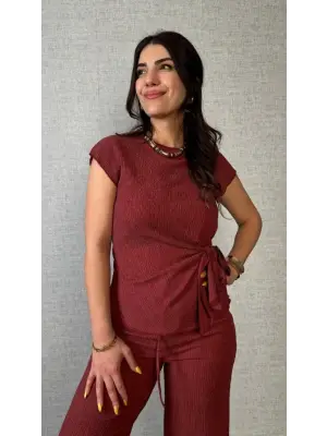 Kadın Kısa Kollu Bisiklet Yaka Yandan Bağlamalı Bürümcük Bluz Ve Pantolon Ikili Takım