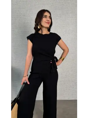 Kadın Kısa Kollu Bisiklet Yaka Yandan Bağlamalı Bürümcük Bluz Ve Pantolon Ikili Takım