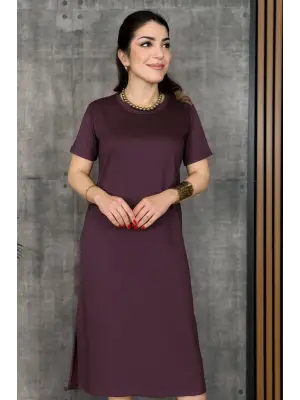 Kadın Kısa Kollu Bisiklet Yaka Yırtmaçlı Viskon Iki Iplik Elbise