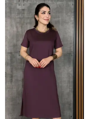 Omarı Yırtmaçlı Viskon Elbise - Kadın Kısa Kollu Bisiklet Yaka