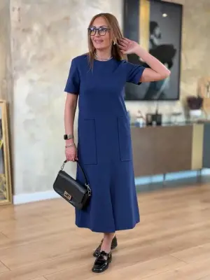 Omarı Kadın Kısa Kollu Bisiklet Yakalı Viskon Midi Elbise