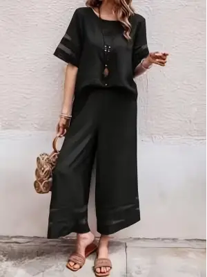 Kadın Kısa Kollu Bisiklet Yakalı Tül şerit Detaylı Bluz Ve Pantolon Ikili Takım