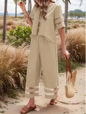 Kadın Kısa Kollu Bisiklet Yakalı Tül şerit Detaylı Bluz Ve Pantolon Ikili Takım