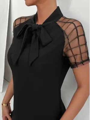 Kadın Kısa Kollu Boyundan Bağlamalı Omuzlarda Tül Detaylı Janjan Krep Elbise