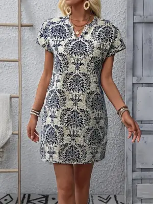 Kadın Kısa Kollu çentik Yaka çiçek Desenli Keten Elbise