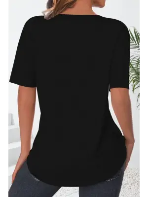 Omarı Havalı V Yaka Çentikli Kısa Kollu Keten Bluz