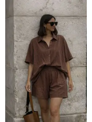 Kadın Kısa Kollu çizgili Modal Kumaş Gömlek Ve Yüksek Bel Lastik Detay şort Ikili Takım