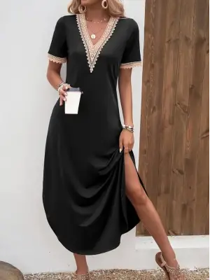 Kadın Kısa Kollu Dantel V Yakalı Uzun Viskon Elbise