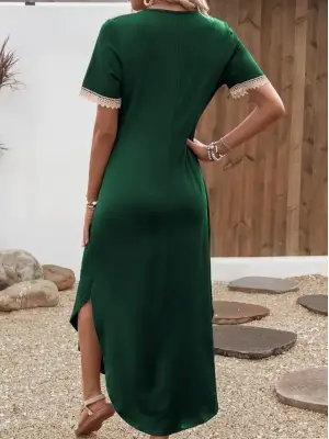 Kadın Kısa Kollu Dantel V Yakalı Uzun Viskon Elbise