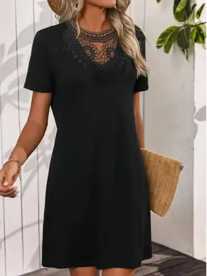 Kadın Kısa Kollu Dantel Yakalı Kısa Viskon Elbise