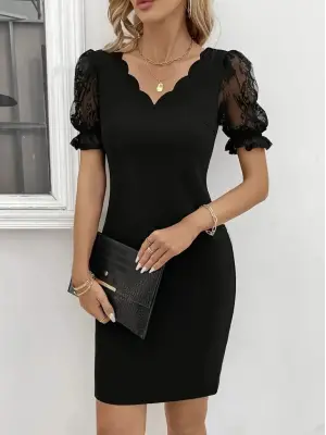 Kadın Kısa Kollu Dantelli V Yakalı Yanlardan Büzgülü çapraz Detaylı Ithal Krep Elbise