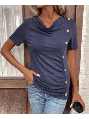 Kadın Kısa Kollu Degaje Yaka Düğme Detay Viskon Bluz