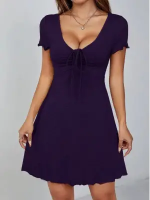 Kadın Kısa Kollu Derin Büzgülü V Yakalı Viskon Elbise