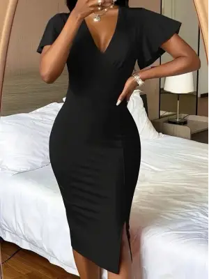 Kadın Kısa Kollu Derin Dekolte V Yakalı Yırtmaçlı Midi Janjan Krep Elbise