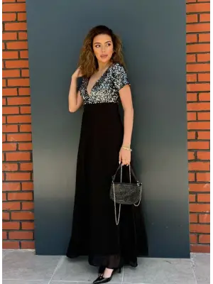 Kadın Kısa Kollu Derin V Yakalı A Kesim Pulpayet Detaylı şifon Nedime Elbisesi