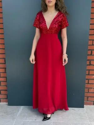 Kadın Kısa Kollu Derin V Yakalı A Kesim Pulpayet Detaylı şifon Nedime Elbisesi