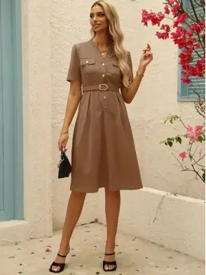 Kadın Kısa Kollu Düğmeli Ve Kemerli Atlas Elbise