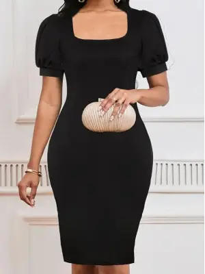 Kadın Kısa Kollu Geometrik Yaka Ithal Krep Elbise