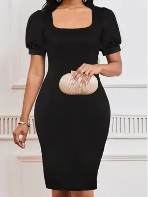 Omarı Elegan Geometrik Yaka Kısa Kollu Elbise