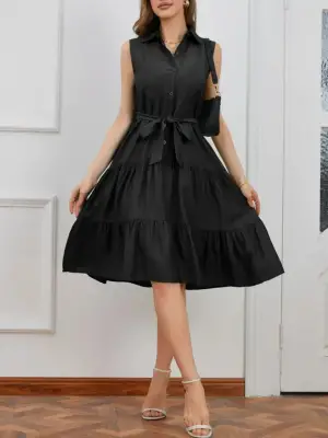 Kadın Kısa Kollu Gömlek Yaka Düğmeli Beli Kuşaklı Katlı Dokuma Midi Elbise