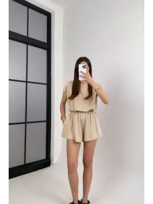 Kadın Kısa Kollu Hafif Sırt Dekolteli Modal şort Tulum