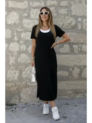 Kadın Kısa Kollu Içi Atlet Görünümlü Yandan Yırtmaçlı Uzun Viskon Elbise