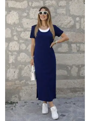 Kadın Kısa Kollu Içi Atlet Görünümlü Yandan Yırtmaçlı Uzun Viskon Elbise