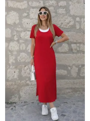 Kadın Kısa Kollu Içi Atlet Görünümlü Yandan Yırtmaçlı Uzun Viskon Elbise