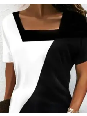 Kadın Kısa Kollu Kare Yaka Parçalı Desen Dalgıç Elbise