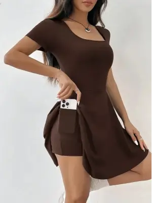 Kadın Kısa Kollu Kare Yaka Short Detaylı Cepli Dalgıç Elbise