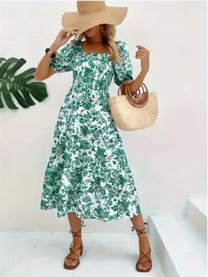 Omarı Desenli Kare Yakalı Kısa Kollu Elbise