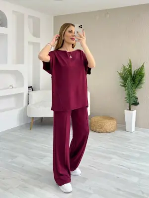 Kadın Kısa Kollu Kayık Yakalı Dikiş Izi Detaylı Viskon Iki Iplik Bluz Ve Pantolon Ikili Takım