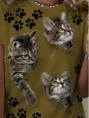 Kısa Kollu Kedi Ve Pati Baskılı Süprem T-shirt