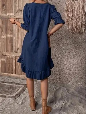 Kadın Kısa Kollu Kol Ve Eteği Volanlı Bisiklet Yaka Aerobin Elbise