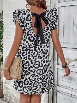 Kadın Kısa Kollu Kolları Fırfır Detay Arkası Bağlamalı Leopar Desen Kolsuz Mini Mikro Elbise