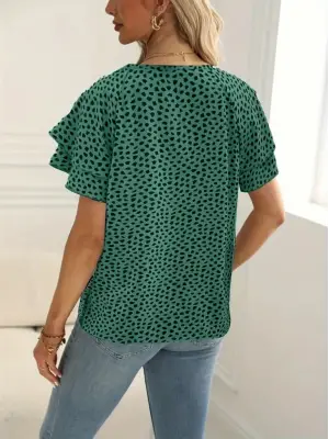 Kadın Kısa Kollu Kolları Volanlı Baskılı Süprem Bluz