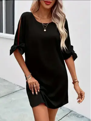 Kadın Kısa Kollu Kolu Bağlamalı Yakası Açık Janjan Elbise