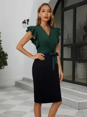 Kadın Kısa Kollu Kruvaze Yaka Beli Kuşaklı Blok Desenli Ithal Krep Elbise