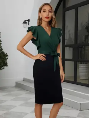 Omarı Kısa Kollu Kruvaze Yaka Blok Desenli Elbise