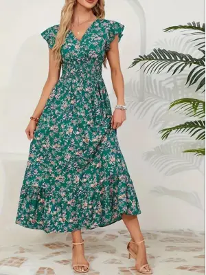 Kadın Kısa Kollu Kruvaze Yaka Beli Lastikli çiçek Desenli Elbise