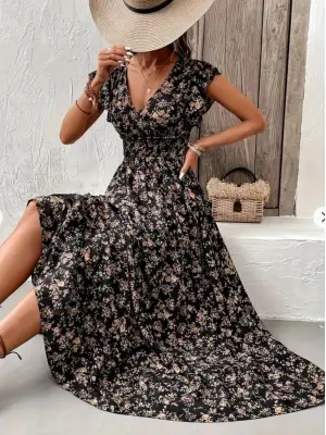 Kadın Kısa Kollu Kruvaze Yaka Beli Lastikli çiçek Desenli Elbise