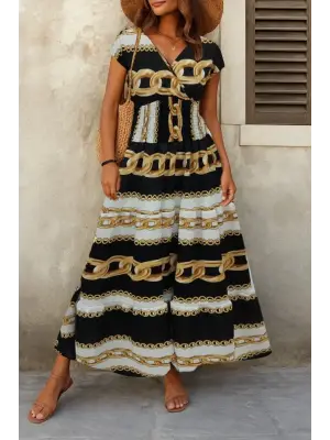 Kadın Kısa Kollu Kruvaze Yaka Beli Lastikli Süprem Maksi Boy Elbise