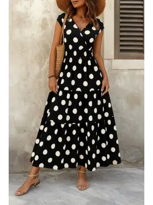 Kadın Kısa Kollu Kruvaze Yaka Beli Lastikli Süprem Maksi Boy Elbise