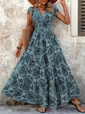 Kadın Kısa Kollu Kruvaze Yaka Beli Lastikli Süprem Maksi Boy Elbise